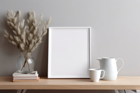 Create an atmosphere of simplicity and productivity with this captivating image showcasing a minimalist workspace. From an elevated perspective, the composition features a cup of coffee, neatly arranged books, and an empty vertical picture frame mockup on a wooden desk. A vase with silver eucalyptus tree branches adds a touch of nature to the scene. This side view provides a glimpse into a serene home office with Scandinavian interior design. Perfect for projects related to workspace organization, mockup presentations, home office aesthetics, and minimalistic design.の素材