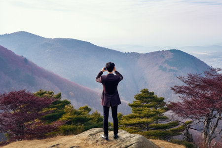 This captivating image portrays a man immersed in nature, capturing a moment with his mobile phone on a majestic mountain. The composition reflects the essence of nature-inspired pieces, blending the beauty of the surroundings with the convenience of modern technology. The man's presence adds a human touch, emphasizing the connection between technology and the natural world. Witness the harmony between man and nature as he embraces the spirit of mobile photography amidst breathtaking mountain sceneryの素材