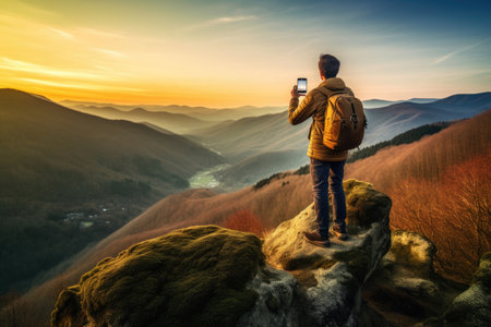 This captivating image portrays a man immersed in nature, capturing a moment with his mobile phone on a majestic mountain. The composition reflects the essence of nature-inspired pieces, blending the beauty of the surroundings with the convenience of modern technology. The man's presence adds a human touch, emphasizing the connection between technology and the natural world. Witness the harmony between man and nature as he embraces the spirit of mobile photography amidst breathtaking mountain sceneryの素材