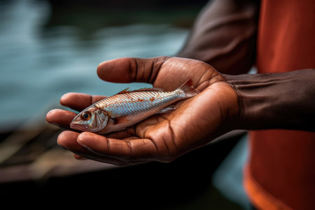 This captivating image presents a close-up view of a fisherman's hand gently cradling a fish. The composition focuses on the intimate connection between the fisherman and his catch, capturing the essence of the fishing experience. The detail-rich image showcases the rough textures and calloused skin of the fisherman's hand, highlighting the dedication and skill involved in the art of fishing. Witness the tangible result of the fisherman's labor as he holds the fruit of his efforts, symbolizing the harmony between humans and the bounties of the sea.の素材