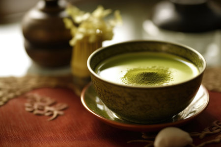 This captivating image presents a soothing cup of matcha hot tea, radiating warmth and tranquility. The composition showcases the vibrant green hue and velvety texture of the tea, inviting viewers to indulge in its aromatic embrace. The image captures the essence of a serene and mindful tea-drinking experience, as the steam rises gracefully from the cup. Immerse yourself in the moment as you savor the delicate flavors and find solace in the ritual of enjoying a cup of matcha hot teaの素材