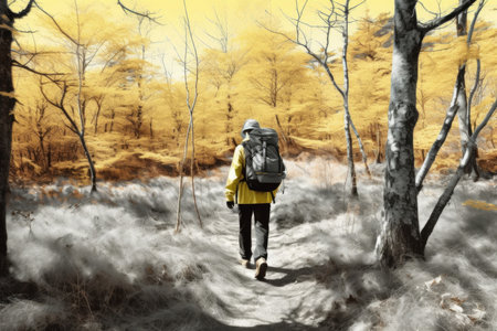 This captivating image showcases an adventurous journey as a hiking and traveling enthusiast explores a scenic trail. The composition captures the spirit of wanderlust and discovery, as the guy immerses himself in the beauty of nature. With a backpack on his back, he embarks on a trail that promises exciting experiences and breathtaking vistas. The image reflects the joy of outdoor exploration, showcasing the harmony between the traveler and the natural environment. Join this intrepid adventurer on his quest for new horizons and unforgettable momentsの素材