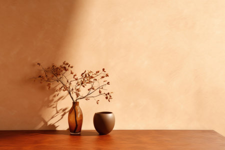 This captivating image features a table placed against a vibrant brown wall background. The composition is enhanced by the presence of a tree shadow cast on the wall, adding an intriguing element to the scene. This versatile background serves as an excellent choice for presentations, branding products, cosmetics, food, or jewelry-related projects.の素材