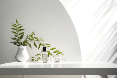 This versatile image showcases an empty table positioned against a clean white wall background. The composition is enhanced by the intriguing presence of leaves casting beautiful shadows on the wall, adding depth and visual interest. The white desk complements the overall aesthetic, creating a stylish and minimalist setting. This mock-up provides the perfect backdrop for a variety of purposes, including presentations, branding products, cosmetics, food, or jewelry projects. Immerse yourself in the simplicity and elegance of this captivating sceneの素材