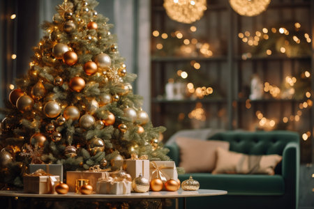 Step into the magical ambiance of Christmas with this captivating image. A beautiful and elegant Christmas tree takes center stage, adorned with golden balls and surrounded by carefully wrapped gifts. The defocused warm evening background creates a cozy home interior, exuding a sense of warmth and comfort. The golden and green tones add a touch of luxury and opulence to the scene. Perfect for projects related to holidays, celebrations, home decor, festive atmosphere, and joyous gatheringsの素材