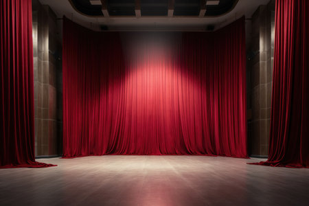Step into the world of theater with this captivating image. An empty red curtain gracefully hangs on a stage, exuding a sense of anticipation and excitement. The wooden floor adds a touch of warmth and character to the setting. A single spotlight illuminates the stage, highlighting the potential for captivating performances and memorable moments. Perfect for projects related to theater, performing arts, drama, entertainment, and the thrill of the stageの素材