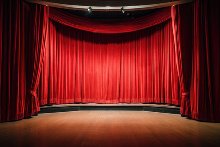 Step into the world of theater with this captivating image. An empty red curtain gracefully hangs on a stage, exuding a sense of anticipation and excitement. The wooden floor adds a touch of warmth and character to the setting. A single spotlight illuminates the stage, highlighting the potential for captivating performances and memorable moments. Perfect for projects related to theater, performing arts, drama, entertainment, and the thrill of the stageの素材