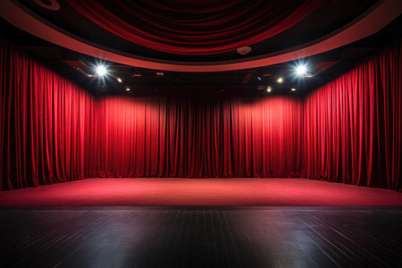Step into the world of theater with this captivating image. An empty red curtain gracefully hangs on a stage, exuding a sense of anticipation and excitement. The wooden floor adds a touch of warmth and character to the setting. A single spotlight illuminates the stage, highlighting the potential for captivating performances and memorable moments. Perfect for projects related to theater, performing arts, drama, entertainment, and the thrill of the stageの素材