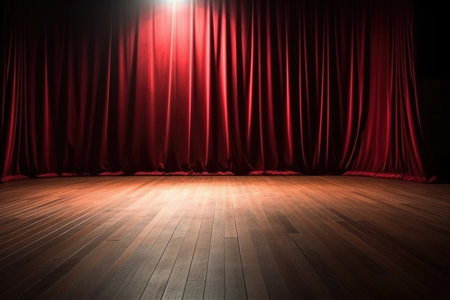 Step into the world of theater with this captivating image. An empty red curtain gracefully hangs on a stage, exuding a sense of anticipation and excitement. The wooden floor adds a touch of warmth and character to the setting. A single spotlight illuminates the stage, highlighting the potential for captivating performances and memorable moments. Perfect for projects related to theater, performing arts, drama, entertainment, and the thrill of the stageの素材