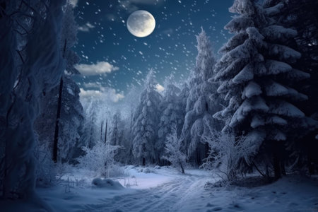 mmerse yourself in the beauty of winter with this enchanting image. A picturesque scene unfolds before your eyes, featuring fluffy snowdrifts against the backdrop of a night winter forest. The falling snowflakes create a mesmerizing atmosphere, while the magical sky with a glowing moon adds a touch of wonder. This captivating winter background sets the perfect tone for Merry Christmas and Happy New Year celebrations. Ideal for projects related to holidays, winter landscapes, nature, serenity, and the magic of the seasonの素材