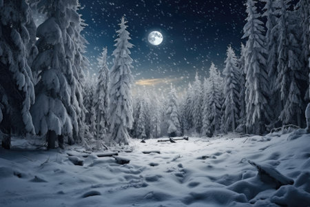mmerse yourself in the beauty of winter with this enchanting image. A picturesque scene unfolds before your eyes, featuring fluffy snowdrifts against the backdrop of a night winter forest. The falling snowflakes create a mesmerizing atmosphere, while the magical sky with a glowing moon adds a touch of wonder. This captivating winter background sets the perfect tone for Merry Christmas and Happy New Year celebrations. Ideal for projects related to holidays, winter landscapes, nature, serenity, and the magic of the seasonの素材