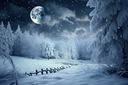 mmerse yourself in the beauty of winter with this enchanting image. A picturesque scene unfolds before your eyes, featuring fluffy snowdrifts against the backdrop of a night winter forest. The falling snowflakes create a mesmerizing atmosphere, while the magical sky with a glowing moon adds a touch of wonder. This captivating winter background sets the perfect tone for Merry Christmas and Happy New Year celebrations. Ideal for projects related to holidays, winter landscapes, nature, serenity, and the magic of the seasonの素材