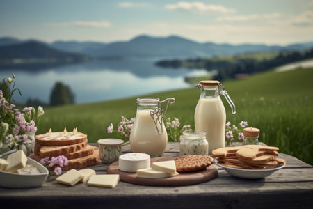 Indulge in the delectable world of dairy with this enticing image. A variety of mouthwatering dairy products takes center stage against the backdrop of a scenic landscape. From creamy milk to flavorful cheeses and luscious yogurts, this composition showcases the richness and diversity of dairy offerings. The serene landscape provides a picturesque setting, adding a touch of natural beauty to the scene. Ideal for projects related to food, nutrition, agriculture, farm-to-table, and the joy of savoring dairy delightsの素材
