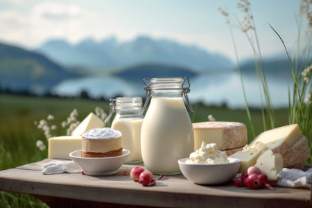 Indulge in the delectable world of dairy with this enticing image. A variety of mouthwatering dairy products takes center stage against the backdrop of a scenic landscape. From creamy milk to flavorful cheeses and luscious yogurts, this composition showcases the richness and diversity of dairy offerings. The serene landscape provides a picturesque setting, adding a touch of natural beauty to the scene. Ideal for projects related to food, nutrition, agriculture, farm-to-table, and the joy of savoring dairy delightsの素材
