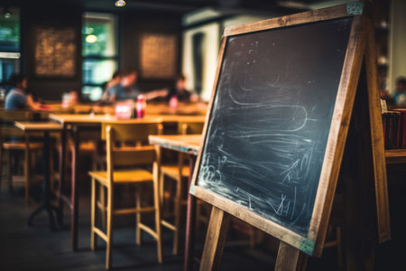 Embrace the cozy ambiance of a cafÃ© with this inviting image. An empty blackboard takes center stage, awaiting creative messages and designs. Placed against a softly blurred cafÃ© background, it adds a touch of rustic charm and a hint of bustling activity. Whether for menu specials, inspirational quotes, or artistic doodles, this versatile blackboard provides ample space for expression. Perfect for projects related to cafÃ©s, restaurants, chalkboard art, cozy atmospheres, and creative communicationの素材