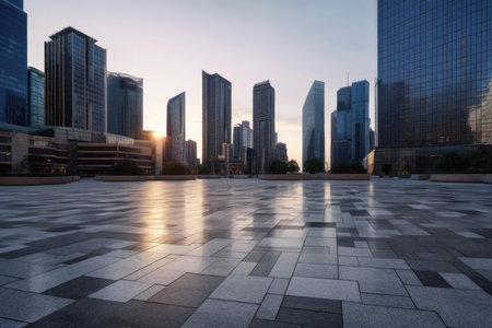 Immerse yourself in the tranquility of the urban landscape with this captivating image. An empty city square stands as a testament to the vastness and serenity of the metropolis. The modern buildings of the skyline provide a striking background, showcasing the architectural marvels that define the cityscape. This composition captures the harmony between open spaces and towering structures, offering a glimpse into the dynamic beauty of urban life. Perfect for projects related to cities, architecture, urban development, travel, and the allure of modernityの素材