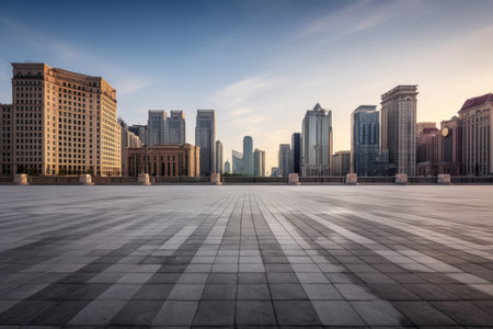 Immerse yourself in the tranquility of the urban landscape with this captivating image. An empty city square stands as a testament to the vastness and serenity of the metropolis. The modern buildings of the skyline provide a striking background, showcasing the architectural marvels that define the cityscape. This composition captures the harmony between open spaces and towering structures, offering a glimpse into the dynamic beauty of urban life. Perfect for projects related to cities, architecture, urban development, travel, and the allure of modernityの素材