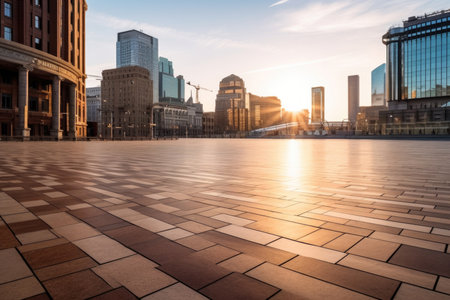 Immerse yourself in the tranquility of the urban landscape with this captivating image. An empty city square stands as a testament to the vastness and serenity of the metropolis. The modern buildings of the skyline provide a striking background, showcasing the architectural marvels that define the cityscape. This composition captures the harmony between open spaces and towering structures, offering a glimpse into the dynamic beauty of urban life. Perfect for projects related to cities, architecture, urban development, travel, and the allure of modernityの素材
