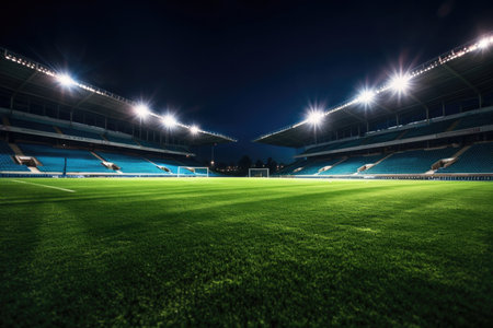 Experience the grandeur of a universal grass stadium with this awe-inspiring image. The vast expanse of lush green grass stretches as far as the eye can see, forming the perfect playing field. Illuminated by powerful spotlights, the stadium comes alive with a mesmerizing glow, ready to host thrilling sporting events and unforgettable performances. This captivating scene encapsulates the spirit of competition, unity, and the pursuit of excellence. Ideal for projects related to sports, stadiums, events, entertainment, and the electric atmosphere of live competitionsの素材