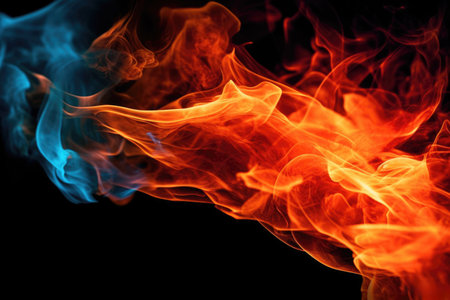 Witness the captivating power of fire with this intense image. A close-up view of fire flames takes center stage against a dark black background, creating a mesmerizing and dynamic composition. The vibrant and flickering flames create a sense of energy and intensity, while the black backdrop adds depth and drama to the scene. Perfect for projects related to heat, energy, passion, danger, and the elemental force of fireの素材