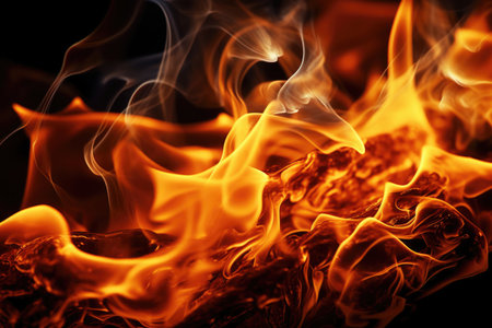 Witness the captivating power of fire with this intense image. A close-up view of fire flames takes center stage against a dark black background, creating a mesmerizing and dynamic composition. The vibrant and flickering flames create a sense of energy and intensity, while the black backdrop adds depth and drama to the scene. Perfect for projects related to heat, energy, passion, danger, and the elemental force of fireの素材