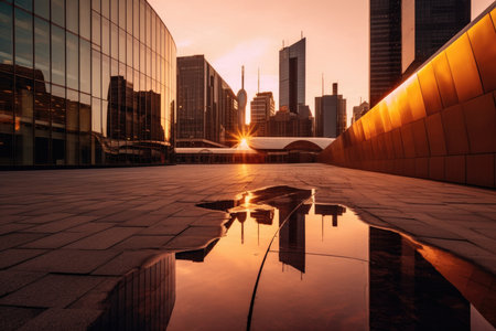 Immerse yourself in the breathtaking beauty of the city at sunrise with this captivating image. A city square serves as the vibrant heart of the urban landscape, while the modern architecture of the skyline stands tall against the colorful sky. The warm hues of the rising sun cast a soft glow, illuminating the architectural marvels and creating a mesmerizing atmosphere. This composition captures the harmony between nature and human ingenuity, offering a glimpse into the captivating allure of the urban sunrise. Perfect for projects related to cities, architecture, urban development, travel, and the magical moments of a new dayの素材