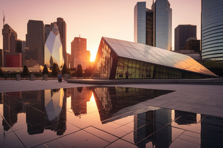 Immerse yourself in the breathtaking beauty of the city at sunrise with this captivating image. A city square serves as the vibrant heart of the urban landscape, while the modern architecture of the skyline stands tall against the colorful sky. The warm hues of the rising sun cast a soft glow, illuminating the architectural marvels and creating a mesmerizing atmosphere. This composition captures the harmony between nature and human ingenuity, offering a glimpse into the captivating allure of the urban sunrise. Perfect for projects related to cities, architecture, urban development, travel, and the magical moments of a new dayの素材