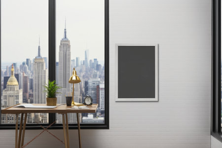 Discover a world of creativity and possibilities with this captivating image. A front view of a blank white poster takes center stage on a grey wall, serving as a blank canvas for your imagination. Positioned at the entrance to a modern office interior with a sleek wooden floor and a window offering a stunning city view, this composition embodies a perfect blend of professionalism and inspiration. The 3D rendering showcases the potential of this mockup, making it an ideal template background for presentations, advertisements, or artistic projectsの素材