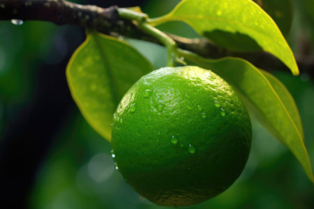 Immerse yourself in the natural splendor of citrus with this captivating image. A green organic lime fruit hangs delicately from a tree, ready to be plucked and savored. The vibrant color and smooth texture of the lime evoke a refreshing sensation. This composition celebrates the beauty of nature's bounty and the essence of organic goodness. Perfect for projects related to healthy living, nutrition, fresh produce, recipes, and the zestful flavors of citrus fruitsの素材