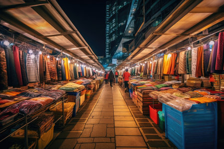 This captivating image showcases the lively and bustling atmosphere of Dongdaemun Market, a vibrant hub of fashion and commerce in the heart of the city. The market is renowned for its diverse range of clothing, textiles, accessories, and more. The vibrant colors, intricate designs, and endless shopping options create a sensory feast for visitors. Experience the energy and excitement of Dongdaemun Market, where fashion trends and business convergeの素材