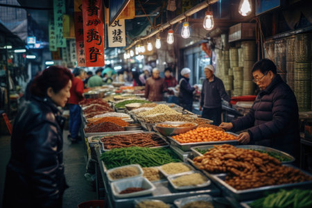 This captivating image showcases the lively and bustling atmosphere of Dongdaemun Market, a vibrant hub of fashion and commerce in the heart of the city. The market is renowned for its diverse range of clothing, textiles, accessories, and more. The vibrant colors, intricate designs, and endless shopping options create a sensory feast for visitors. Experience the energy and excitement of Dongdaemun Market, where fashion trends and business convergeの素材