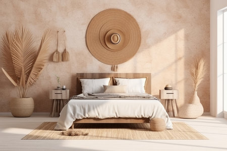This captivating image presents a home mockup showcasing a bedroom interior designed in the Coastal Boho style. The room exudes a relaxed and breezy ambiance with its soothing color palette, natural textures, and beach-inspired elements. The Coastal Boho style blends coastal aesthetics with bohemian influences, creating a harmonious and laid-back atmosphere. This image is perfect for showcasing interior design concepts, home decor, or lifestyle-related projectsの素材
