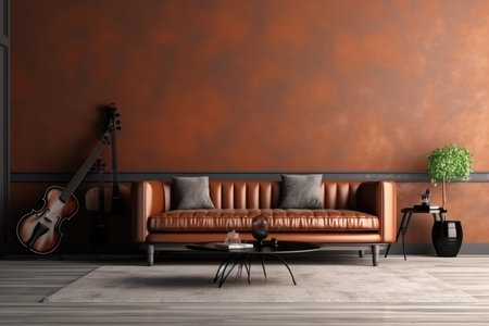 Step into this inviting home interior mock-up that showcases a harmonious blend of comfort and elegance. The centerpiece is a luxurious leather sofa that invites you to relax and unwind. A stylish table stands nearby, providing a perfect spot for decor or everyday essentials. Completing the scene is a beautifully displayed cello, adding a touch of artistic charm. This versatile mock-up is ideal for showcasing interior design concepts, furniture promotions, and creating an ambiance of refined livingの素材