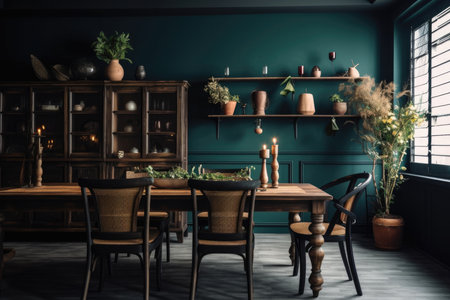 Step into a nostalgic atmosphere with this captivating image of a dark vintage dining room. The space is adorned with exquisite wooden furniture, exuding a sense of warmth and character. The rich color palette and intricate details create an inviting ambiance that is perfect for intimate gatherings and memorable meals. Immerse yourself in the charm of this vintage-inspired interior, perfect for showcasing interior design concepts, home decor, and creating a cozy dining experienceの素材