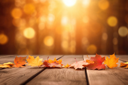 Immerse yourself in the enchanting beauty of autumn with this captivating image. A border of vibrant orange, gold, and red maple leaves frames the scene, creating a stunning nature backdrop. The sunlight bathes the surroundings with a warm glow, accompanied by soft blurred bokeh, adding a touch of magic. The image also features empty wooden table planks, offering a rustic element to the composition. Perfect for autumn-themed designs, seasonal promotions, or creating a cozy and inviting atmosphereの素材