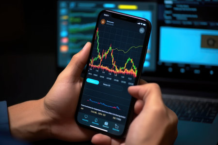 This captivating image portrays a business man who is actively engaged in the world of cryptocurrency trading and investment. Holding a smartphone, he confidently navigates an online trading mobile app, analyzing stock market data and making informed decisions. A gold bitcoin coin symbolizes the digital currency landscape and the potential for financial growth. The concept of buying cryptocurrency tokens and managing investment risks is at the core of this image, showcasing the dynamic nature of the crypto market. Perfect for finance-related designs, technology promotions, or any project that explores the world of cryptocurrency and online tradingの素材