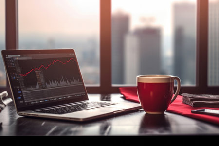 This impactful image captures the essence of a recession and economic fall. A close-up view showcases a laptop placed on a desk, accompanied by a coffee cup and office supplies. The downward red crisis chart grid displayed on the laptop screen signifies the challenges faced in the financial world. The blurry office window reveals a city view in the background, adding a sense of urgency and impact to the composition. This image embodies the concept of economic downturn and serves as a powerful visual for finance-related projects, business presentations, or discussing market challenges.の素材
