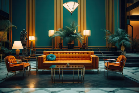 Step back in time with this captivating image showcasing a retro style interior design adorned with elegant golden Art Deco decorations. The room exudes a timeless charm, with its vintage furnishings and ornate details. The golden accents add a touch of luxury and opulence, creating a glamorous atmosphere. The combination of bold geometric patterns, rich textures, and refined craftsmanship epitomizes the essence of Art Deco design. This image is perfect for capturing the allure of retro aesthetics, interior decor inspiration, and the nostalgic beauty of a bygone eraの素材