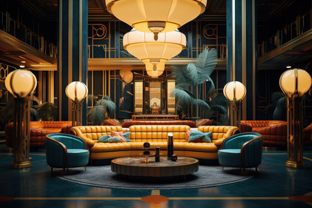 Step back in time with this captivating image showcasing a retro style interior design adorned with elegant golden Art Deco decorations. The room exudes a timeless charm, with its vintage furnishings and ornate details. The golden accents add a touch of luxury and opulence, creating a glamorous atmosphere. The combination of bold geometric patterns, rich textures, and refined craftsmanship epitomizes the essence of Art Deco design. This image is perfect for capturing the allure of retro aesthetics, interior decor inspiration, and the nostalgic beauty of a bygone eraの素材