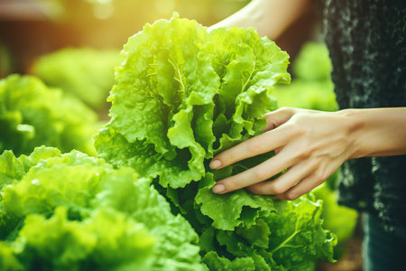 This vibrant image captures a close-up of a woman's hands delicately harvesting fresh green lettuce from a flourishing vegetable garden. The hands are gracefully reaching among the lush green leaves, showcasing the natural beauty and abundance of homegrown produce. The image depicts the joy and satisfaction of connecting with nature and enjoying the rewards of sustainable gardening. Perfect for illustrating themes like organic farming, healthy lifestyle, sustainable living, and the joy of gardeningの素材