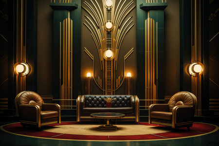 Step back in time with this captivating image showcasing a retro style interior design adorned with elegant golden Art Deco decorations. The room exudes a timeless charm, with its vintage furnishings and ornate details. The golden accents add a touch of luxury and opulence, creating a glamorous atmosphere. The combination of bold geometric patterns, rich textures, and refined craftsmanship epitomizes the essence of Art Deco design. This image is perfect for capturing the allure of retro aesthetics, interior decor inspiration, and the nostalgic beauty of a bygone eraの素材