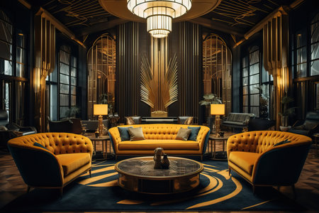 Step back in time with this captivating image showcasing a retro style interior design adorned with elegant golden Art Deco decorations. The room exudes a timeless charm, with its vintage furnishings and ornate details. The golden accents add a touch of luxury and opulence, creating a glamorous atmosphere. The combination of bold geometric patterns, rich textures, and refined craftsmanship epitomizes the essence of Art Deco design. This image is perfect for capturing the allure of retro aesthetics, interior decor inspiration, and the nostalgic beauty of a bygone eraの素材