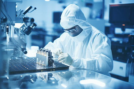 Step into the world of scientific innovation with this captivating image featuring a scientist wearing a coverall. The scientist is deeply engaged in their work, using a microscope to inspect samples. Their research focuses on developing high-tech modern technology for the medical and high-precision electronics industry. The image showcases the meticulous nature of scientific exploration and the pursuit of advancements in technology. The scientist's expertise and dedication shine through as they contribute to the progress of medical breakthroughs and cutting-edge electronics. Perfect for illustrating the intersection of science and technology, showcasing the importance of research and development, and inspiring the next generation of scientific mindsの素材