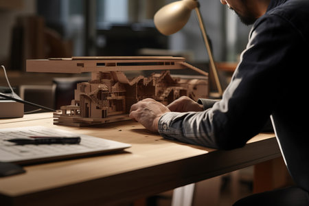 Capture the creative process of a furniture designer with this captivating over-the-shoulder close-up shot. The image showcases the designer working on a laptop computer, skillfully creating a digital 3D model of a stylish bedside table. The attention to detail and precision in the designer's work highlight their expertise in translating ideas into tangible designs. This creative individual is preparing a design for a carpentry project, bringing together artistry and functionality. Witness the fusion of technology and craftsmanship in the world of furniture design, as the designer brings their vision to life through digital tools. Perfect for illustrating the behind-the-scenes of furniture design, showcasing the talent and dedication of creative professionals, and inspiring the pursuit of innovative carpentry projectsの素材