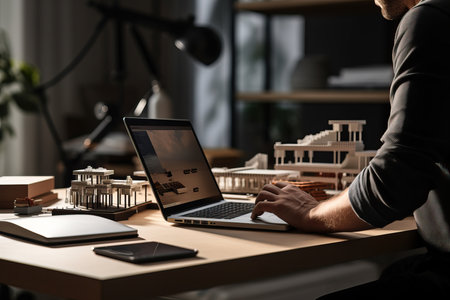 Capture the creative process of a furniture designer with this captivating over-the-shoulder close-up shot. The image showcases the designer working on a laptop computer, skillfully creating a digital 3D model of a stylish bedside table. The attention to detail and precision in the designer's work highlight their expertise in translating ideas into tangible designs. This creative individual is preparing a design for a carpentry project, bringing together artistry and functionality. Witness the fusion of technology and craftsmanship in the world of furniture design, as the designer brings their vision to life through digital tools. Perfect for illustrating the behind-the-scenes of furniture design, showcasing the talent and dedication of creative professionals, and inspiring the pursuit of innovative carpentry projectsの素材