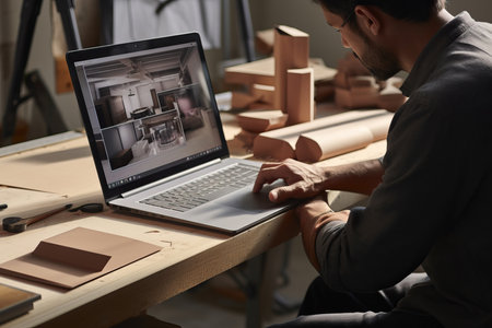 Capture the creative process of a furniture designer with this captivating over-the-shoulder close-up shot. The image showcases the designer working on a laptop computer, skillfully creating a digital 3D model of a stylish bedside table. The attention to detail and precision in the designer's work highlight their expertise in translating ideas into tangible designs. This creative individual is preparing a design for a carpentry project, bringing together artistry and functionality. Witness the fusion of technology and craftsmanship in the world of furniture design, as the designer brings their vision to life through digital tools. Perfect for illustrating the behind-the-scenes of furniture design, showcasing the talent and dedication of creative professionals, and inspiring the pursuit of innovative carpentry projectsの素材