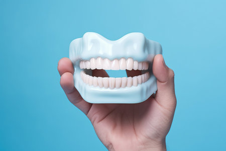 Explore the world of dental health and care with this captivating image. Against a vibrant blue background, a hand delicately holds a teeth gum jaw model, creating a visually striking composition. The image represents the essence of medical, healthy, and beautiful teeth, emphasizing the importance of healthcare in maintaining oral well-being. The dental health and tooth protection concept is brought to life, showcasing the significance of regular check-ups, proper hygiene, and orthodontic treatments. The smiley tooth symbolizes the joy and confidence that come with a healthy and radiant smile. Perfect for illustrating dental clinics, healthcare providers, oral hygiene campaigns, and the pursuit of optimal dental careの素材
