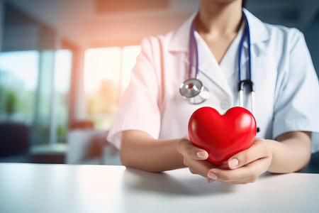 Celebrate World Heart Health Day and Doctor's Day with this impactful image representing a hospital life insurance concept. The image showcases a red heart-shaped hand exercise ball accompanied by a doctor physician's stethoscope on a hospital background. It symbolizes the importance of maintaining a healthy heart and the role of doctors in promoting heart health. The concept highlights the significance of World Hypertension Day, raising awareness about the prevention and management of high blood pressure. The image serves as a reminder of the vital connection between heart health, medical professionals, and life insurance. Perfect for illustrating healthcare campaigns, insurance promotions, and raising awareness about heart-related issuesの素材