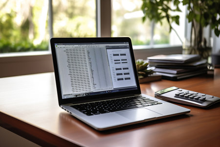 Transform your home into a place of work with this captivating image featuring a calculator and laptop computer on a desk. The scene embodies the concept of financial planning, making it ideal for advisors, accountants, and individuals managing their finances. The image symbolizes various aspects of financial management, including banking, bills, home budget, tax, savings, and economy. It also conveys the importance of conducting audits and managing debt. The home office setting highlights the convenience and flexibility of working on financial matters from the comfort of one's own spaceの素材