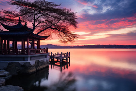 Immerse yourself in the enchanting beauty of Hangzhou's West Lake, with the iconic Jixian Pavilion adorned by the warm hues of the setting sun. The image captures the serene atmosphere of this scenic spot, where ancient architecture meets the tranquil waters and lush surroundings. Jixian Pavilion stands gracefully as a symbol of history and cultural heritage. The sunset adds a touch of magic, casting a golden glow over the landscape and creating a breathtaking scene. Perfect for showcasing the timeless allure of Hangzhou's West Lake, this image appeals to travelers, art enthusiasts, and those seeking moments of tranquility and wonderの素材